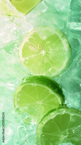 lime pieces in water and ice, refreshing lime juice 