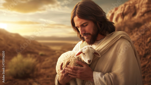 Jesus Christ holds a little lamb in his hands. A caring shepherd saves one lamb. photo