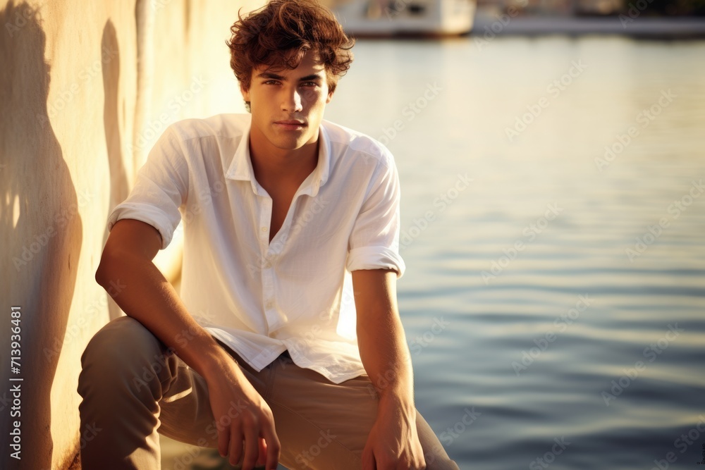 Young Man Sitting on Beige Wall by Water on Sunny Day, in Casual Attire - Portrait of a Photogenic Young Man Sitting on Beige Wall by Water on Sunny Day, in Casual Attire - Portrait of a Photogenic