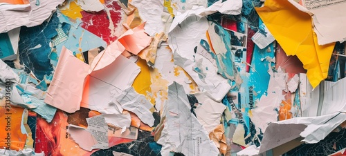 Abstract collage crafted from torn scraps of newspapers and magazines, showcasing a vibrant mix of colors and textures suitable for creative backgrounds or mixed-media art projects.