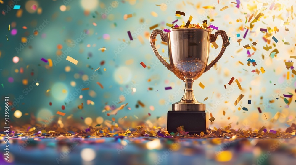 A gleaming gold winners trophy cup takes center stage, surrounded by a festive explosion of colorful celebration confetti and sparkling glitter, symbolizing victory and success in a competition. A gleaming gold winners trophy cup takes center stage, surrounded by a festive explosion of colorful celebration confetti and sparkling glitter, symbolizing victory and success in a competition.
