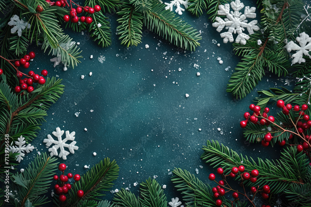 Holiday, Christmas background with snowflakes, pine tree and mistletoe branches Holiday, Christmas background with snowflakes, pine tree and mistletoe branches