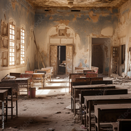 Old classroom image with worn, dirty, peeling paint walls. Generative ai
