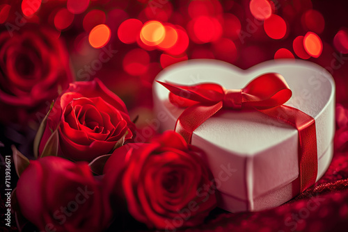 Intimate View of a White Heart Shaped Gift Box Tied with a Red Bow, Against a Background of Blurred Red Roses.