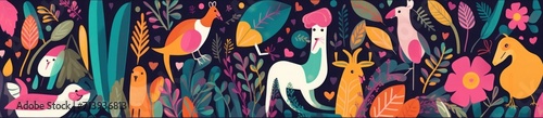 Animals big collection. Animals of Brazil.  colorful set of  illustrations with tropical flowers, leaves, monkey, flamingo, anteater and birds. Brazil tropical pattern.  Rio de janeiro, Generative AI  photo