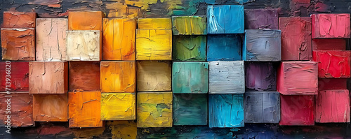 a bright wall of colored blocks and bricks  in the style of wood sculptor  illusory gradient  calming color palettes  shaped canvas