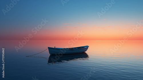 Orange Horizon Over a Tranquil Evening Sea with a Boat Sailing into the Dusk Sky.