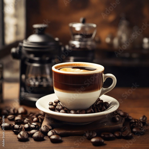 a beautiful cup of coffee is dark, coffee beans are scattered around