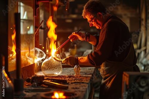 A glassblower inflating molten glass through a blowpipe, a traditional glassblowing studio with glowing furnaces, action shot capturing the motion and intensity of the craft. photo