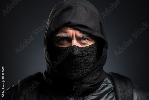 a serious mature man in a black balaclava. the villain, the robber, the thief, covered his face with a mask with an eye slit. portrait close-up, dark background.