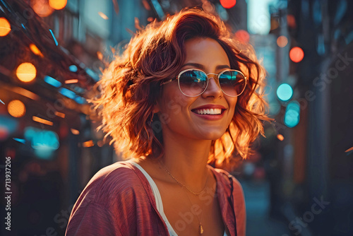 Beautiful Retro 1980's Woman with Soft Brown Hair and Trendy Sunglasses on a Dynamic Background Generative AI