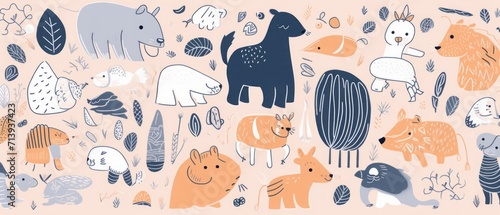 Abstract doodles. Baby animals pattern. Fabric pattern.  illustration with cute animals. Nursery baby pattern illustration, Generative AI 