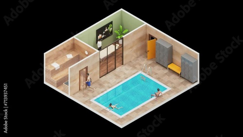 Spa and Wellness center in 3d Isometric Style. Loop Animation. Alpha Channel (ID: 713937451)