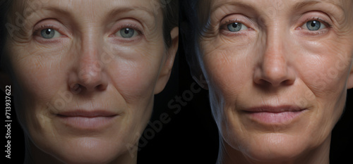 before/after facial wrinkle removing, in the style of selective focus, shaped canvas, wimmelbilder, irregular organic forms, bio-art, portrait
 photo