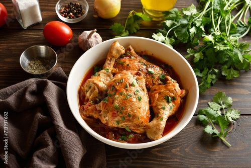 Georgian chicken stew with tomatoes and herbs