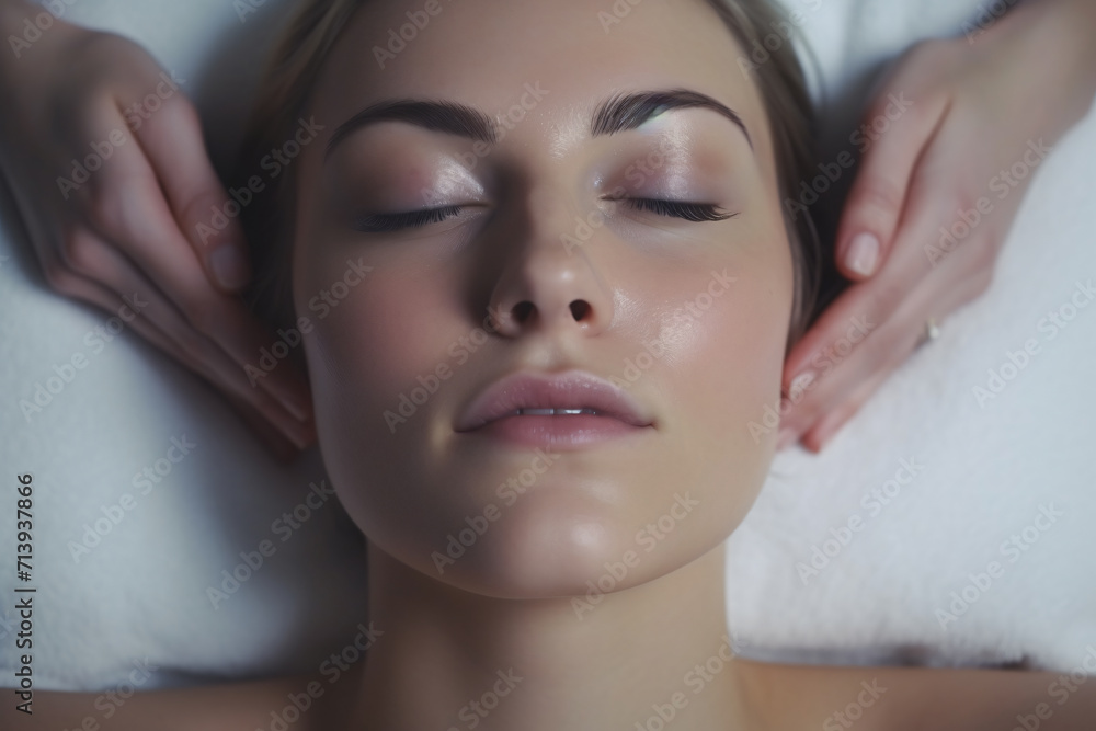 beautiful woman getting a facial massage, in the style of shaped canvas, soft, spa, wellness, skincare,