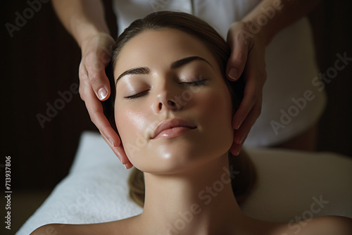 beautiful woman getting a facial massage, in the style of shaped canvas, soft, spa, wellness, skincare,