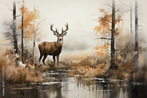 Deer roam in the forest Magnificent scene of natural beauty created in watercolor. © Gun