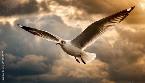 a seagull soaring against a dramatic sky filled with billowing clouds. Capture the essence of the bird's agility and the vastness of its surroundings © Asad