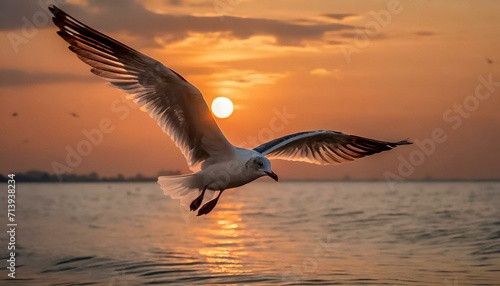 seagull flying over the sea.a seagull in flight against a sunrise sky, using warm hues to evoke a sense of morning tranquility and the bird's graceful journey through the dawn. © Asad