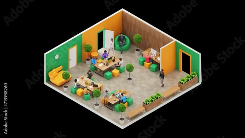 Colorful coworking space is in 3D Isometric Style. Loop Animation. Alpha channel (ID: 713938260)