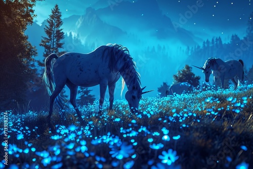 Magical unicorns grazing  moonlit glade  enchanted forest.