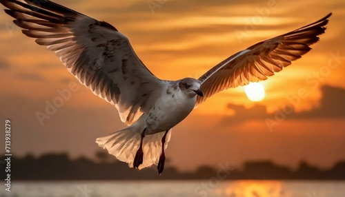 a seagull in flight against a sunrise sky, using warm hues to evoke a sense of morning tranquility and the bird's graceful journey through the dawn. © Asad