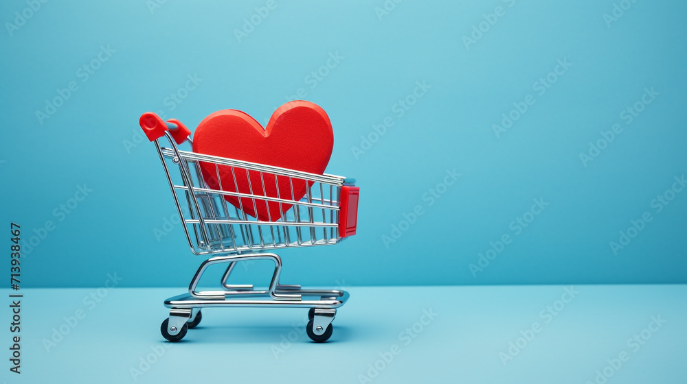 Red heart lying in a shopping cart on a blue background, Valentine's Day symbolism. Generative AI Red heart lying in a shopping cart on a blue background, Valentine's Day symbolism. Generative AI