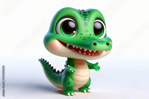 full body little cute happy crocodile 3d character with bulging eyes on solid a white background. ai generative