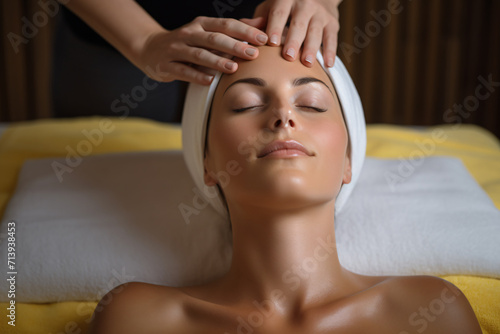 beautiful woman getting a facial massage  in the style of shaped canvas  soft  spa  wellness  skincare 