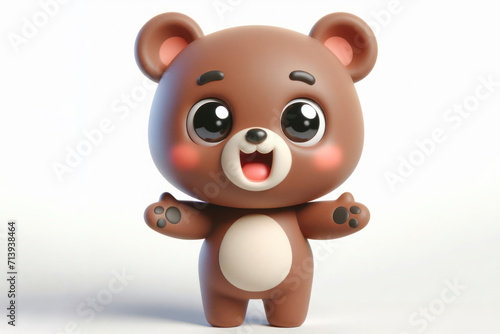 full body little cute happy bear 3d character with bulging eyes on solid a white background. ai generative