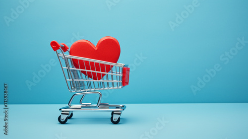 Red heart lying in a shopping cart on a blue background, Valentine's Day symbolism. Generative AI