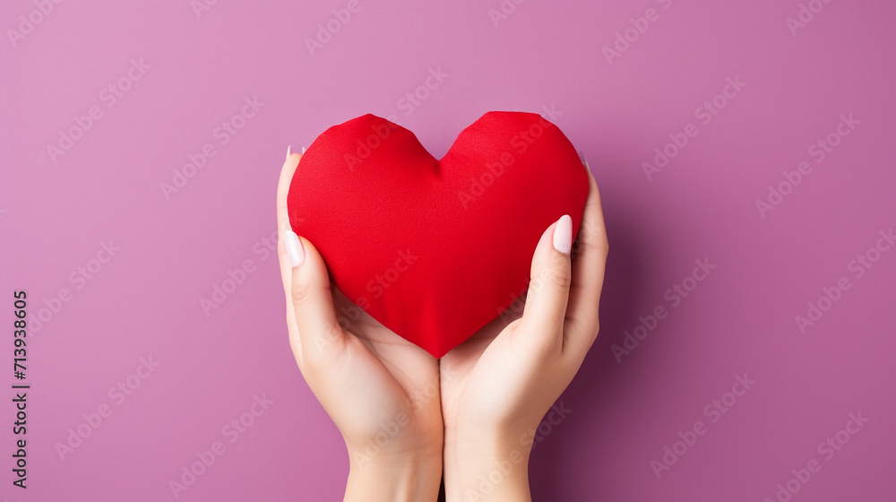 A voluminous heart lying in a woman's hands, a minimalistic composition with the symbolism of love. Generative AI A voluminous heart lying in a woman's hands, a minimalistic composition with the symbolism of love. Generative AI