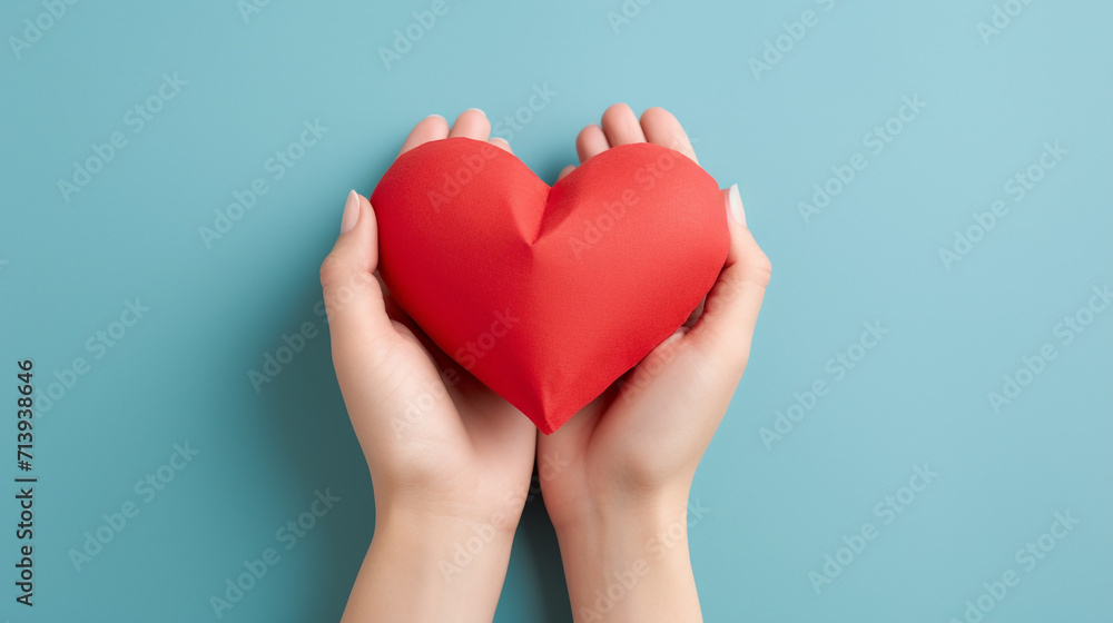 A voluminous heart lying in a woman's hands, a minimalistic composition with the symbolism of love. Generative AI A voluminous heart lying in a woman's hands, a minimalistic composition with the symbolism of love. Generative AI