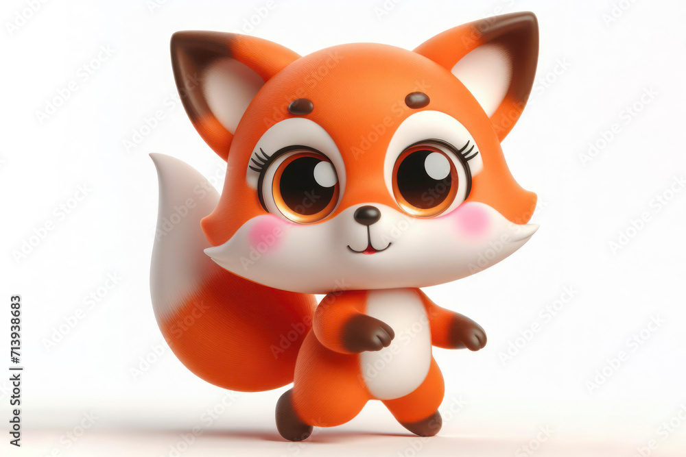 full body little cute happy fox 3d character with bulging eyes on solid a white background. ai generative