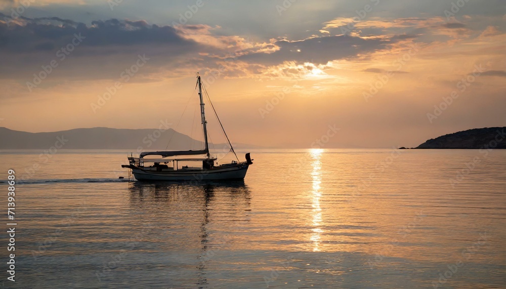 Boat Ship Sailing Serenely at Sunset on Calm Ocean Waters