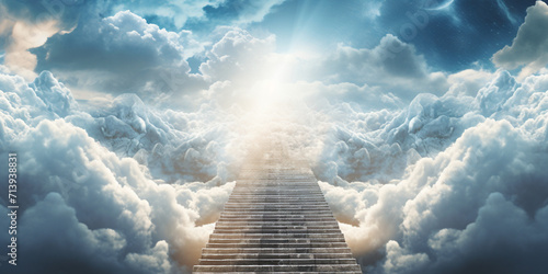 Abstract representation of a stairway to heaven path adorned with clouds and a peaceful dove,  photo