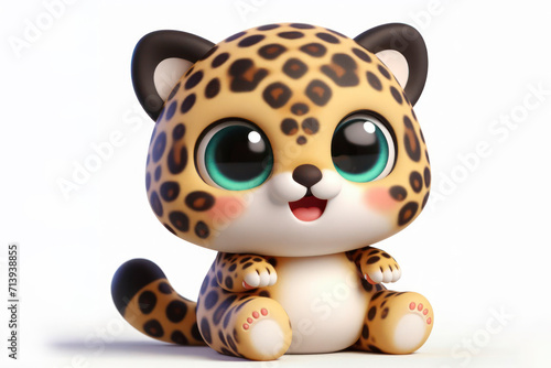 full body little cute happy leopard 3d character with bulging eyes on solid a white background. ai generative