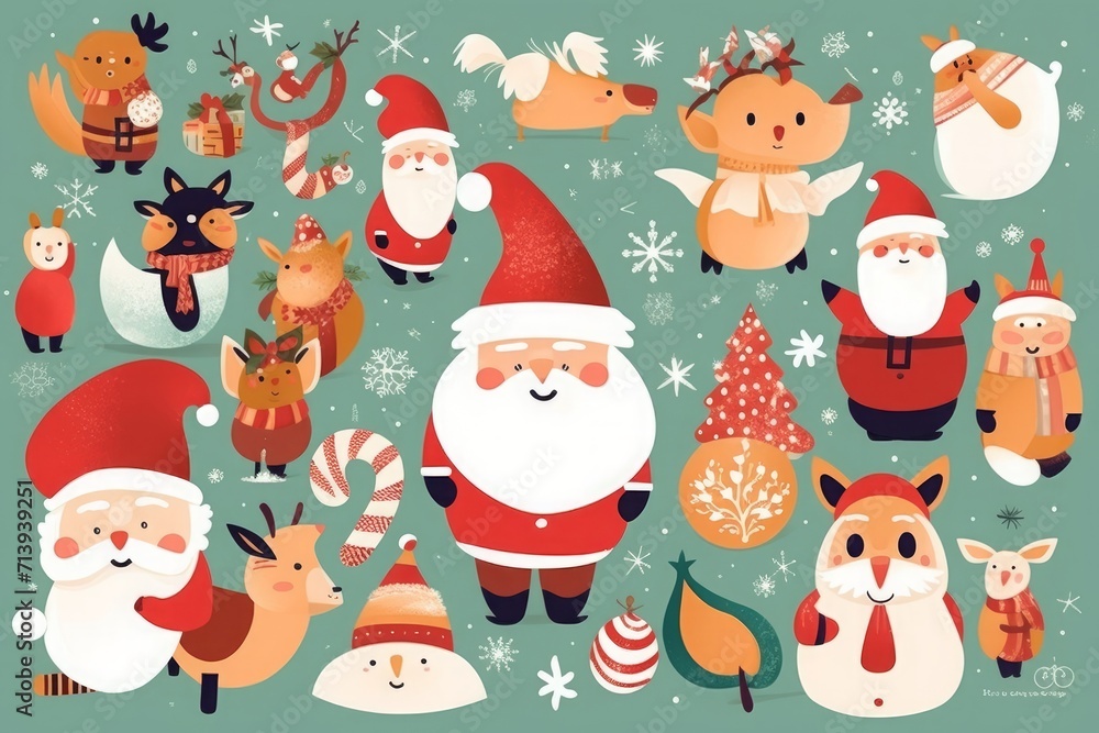 Christmas decorative banner with funny Santa Claus, snowman and many others, Generative AI 