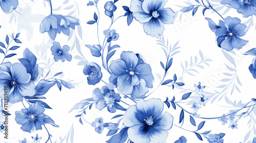 Blue flowers on white background in toile style 