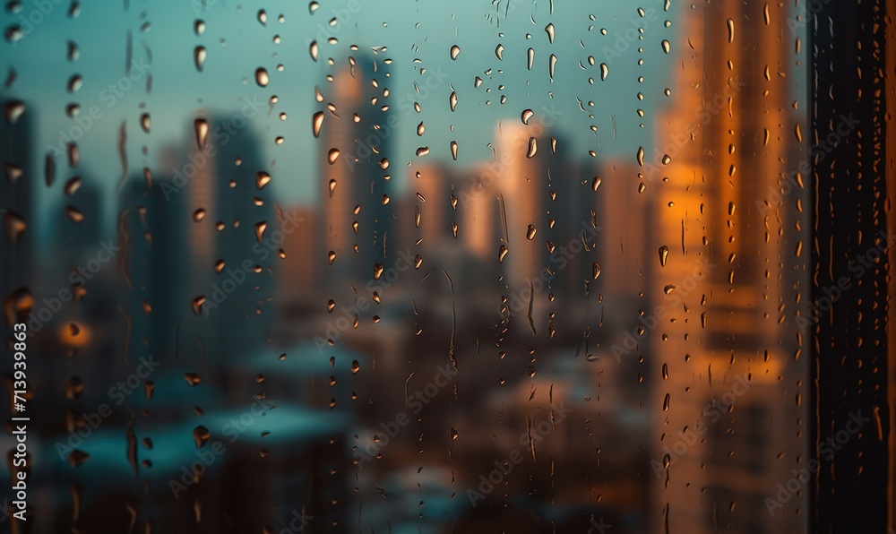 View of the city through the window glass under the drops from the rain View of the city through the window glass under the drops from the rain