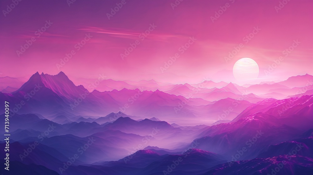 A captivating purple gradient isolated background adorned with a picturesque picture frame showcasing a mountain view and the warm glow of the sun