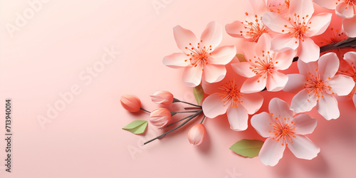 A pink wall with a pink background with a branch that has white flowers on it. 