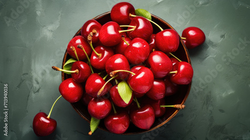 Photo of a plateful of cherries top view