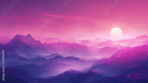 A captivating purple gradient isolated background adorned with a picturesque picture frame showcasing a mountain view and the warm glow of the sun © Saowanee