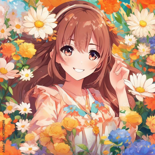 Portrait of a Happy Girl with Flowers