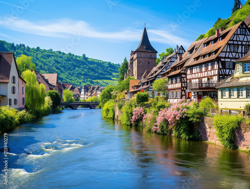 A serene view of a charming European village nestled by a river with picturesque surroundings.