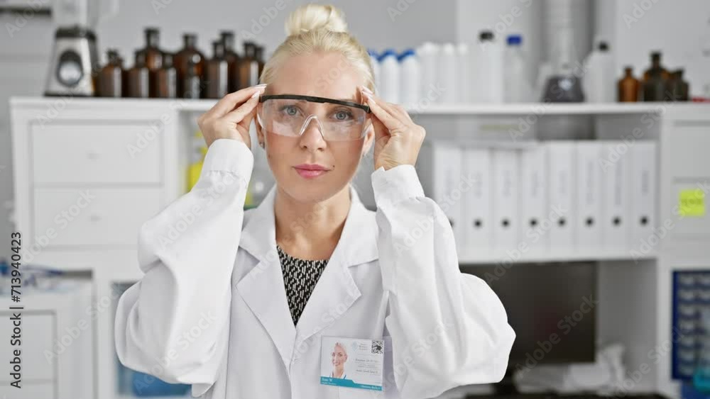Joyful young blonde woman scientist, full of confidence, smiling under her safety glasses while exploring the beauty of science in a bustling laboratory. Joyful young blonde woman scientist, full of confidence, smiling under her safety glasses while exploring the beauty of science in a bustling laboratory.