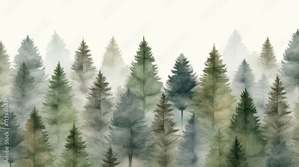 The pine trees created from watercolors have a beautiful view.