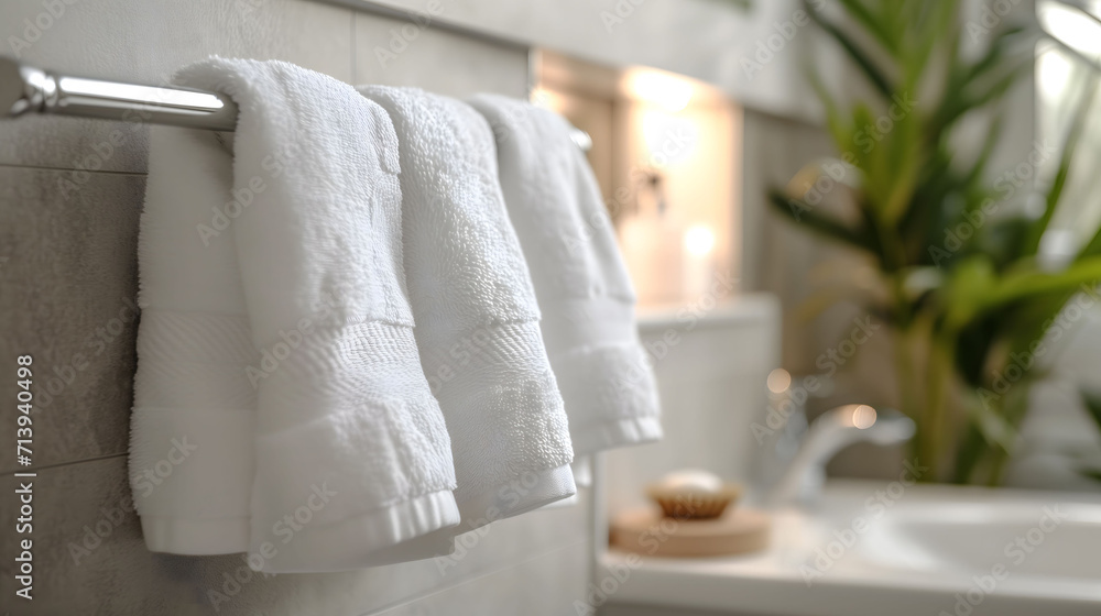 Fresh White Towels Hanging on a Rack in Bathroom Fresh White Towels Hanging on a Rack in Bathroom